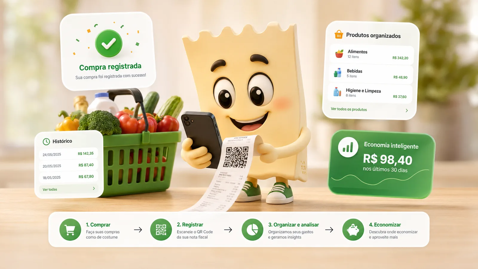 Picotinho registrando uma nota fiscal e organizando as compras: compra registrada, produtos organizados, histórico e economia.