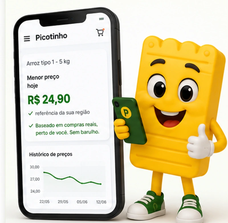 App do Picotinho no celular ao lado do mascote segurando o aplicativo