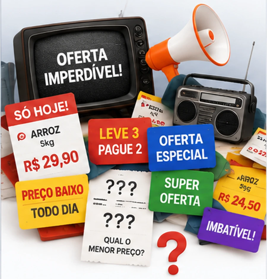 Enxurrada de propaganda de supermercado: TV, rádio, megafone e etiquetas de preço conflitantes